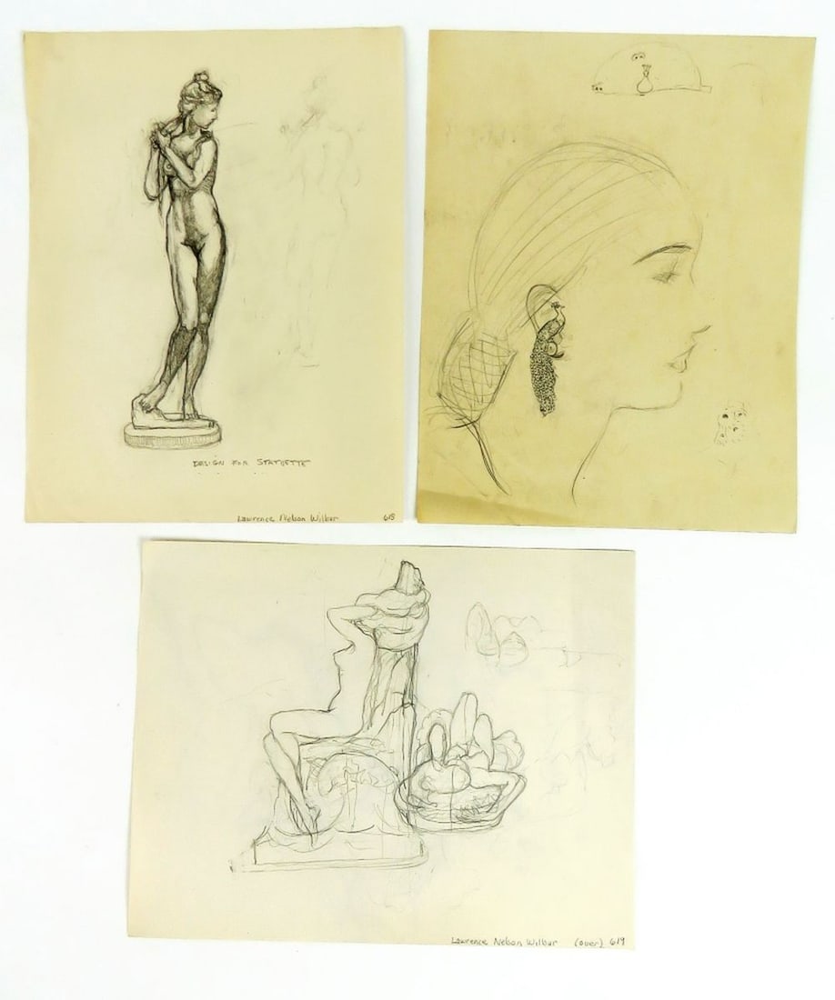 LAWRENCE WILBUR 3 NUDE SKETCHES SIGNED: Lawrence Wilbur (NY B. 1897) 3 nude sketches on paper. The works are signed. Some with sketches, verso. Measures: Largest 11 x 8 1/2
