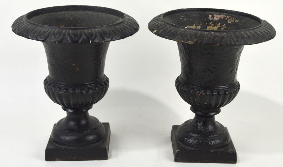 PAIR ANTIQUE CAST IRON PLANTERS / URNS (1 of 4)