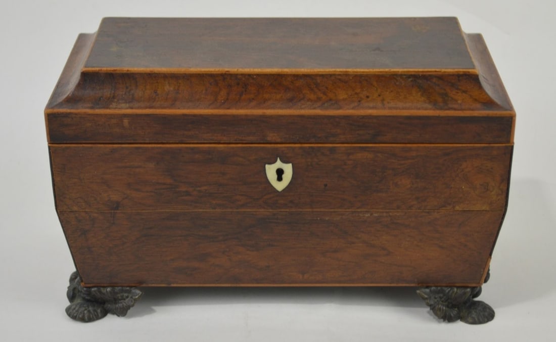 ANTIQUE INLAID MAHOGANY SECRETARY SCRIBE BOX: An antique inlaid mahogany footed secretary / scribe box. Fitted with cast metal feet and carry rings and bone inlay key hole. Measures: 7 1/2" x 11 1/2" x 5 1/2"