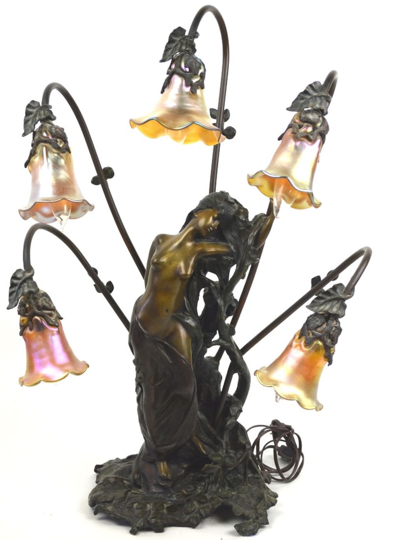 GUSTAV GURSHNER 1873-1971 BRONZE ART NOUVEAU LAMP (1 of 9)
