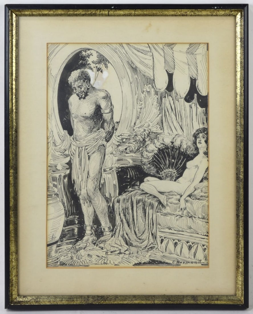 FINE DRAWING OF A RECLINING NUDE AND COMPANION: A very well done drawing of a reclining nude and slave in shackles in a boudoir setting. The work is ink/paper and is signed. Framed under glass. Measures: 20" x 16" Sight: 14 1/2" x 10 1/2"