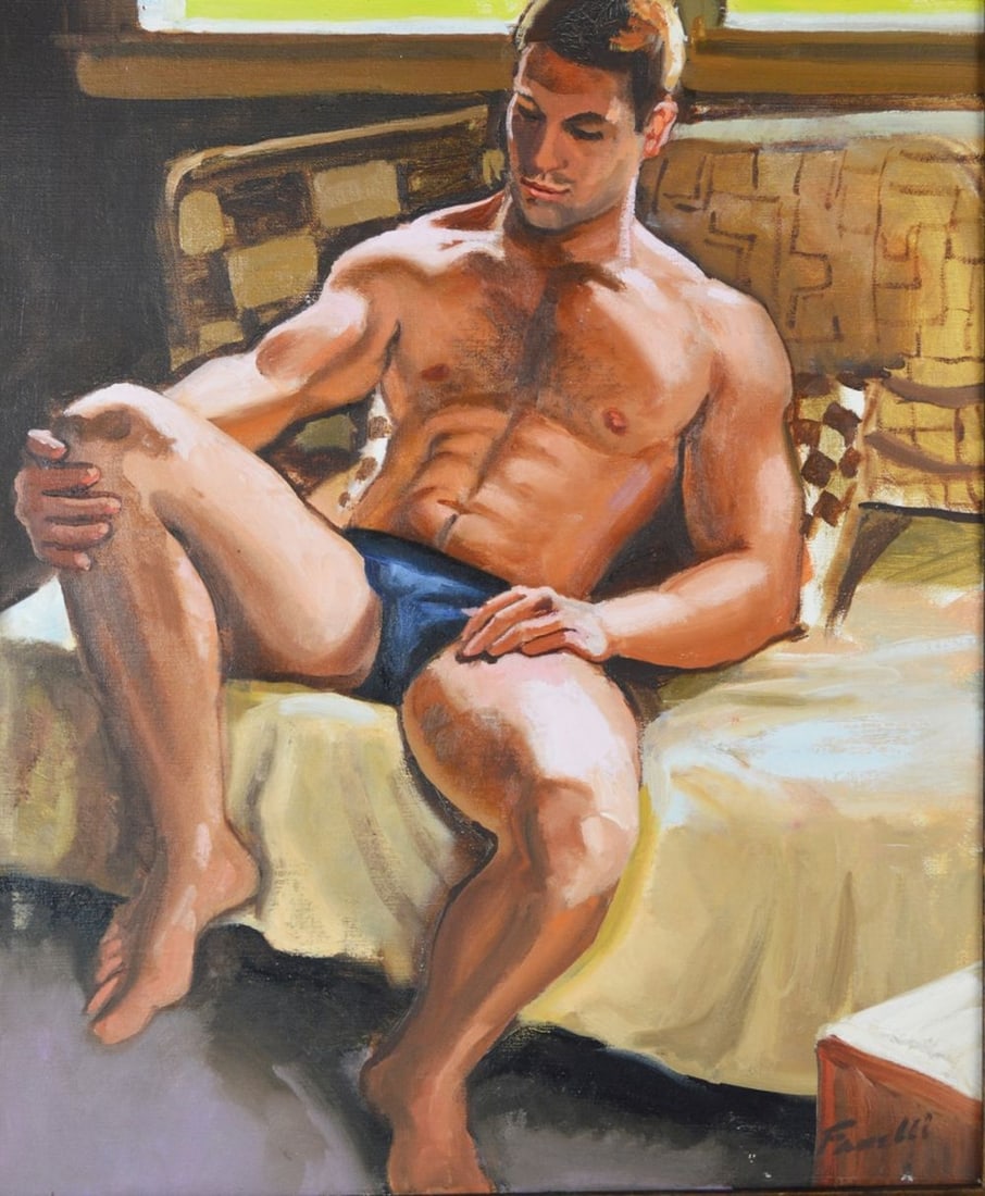 HOMOEROTIC SEMI NUDE PAINTING SIGNED: A fine erotic painting of a semi-nude reclining man. The work is oil on canvas. Signed and titled verso. Measures: 20" x 24" Joe Fanelli established himself as a respected artist in both NY and Truro