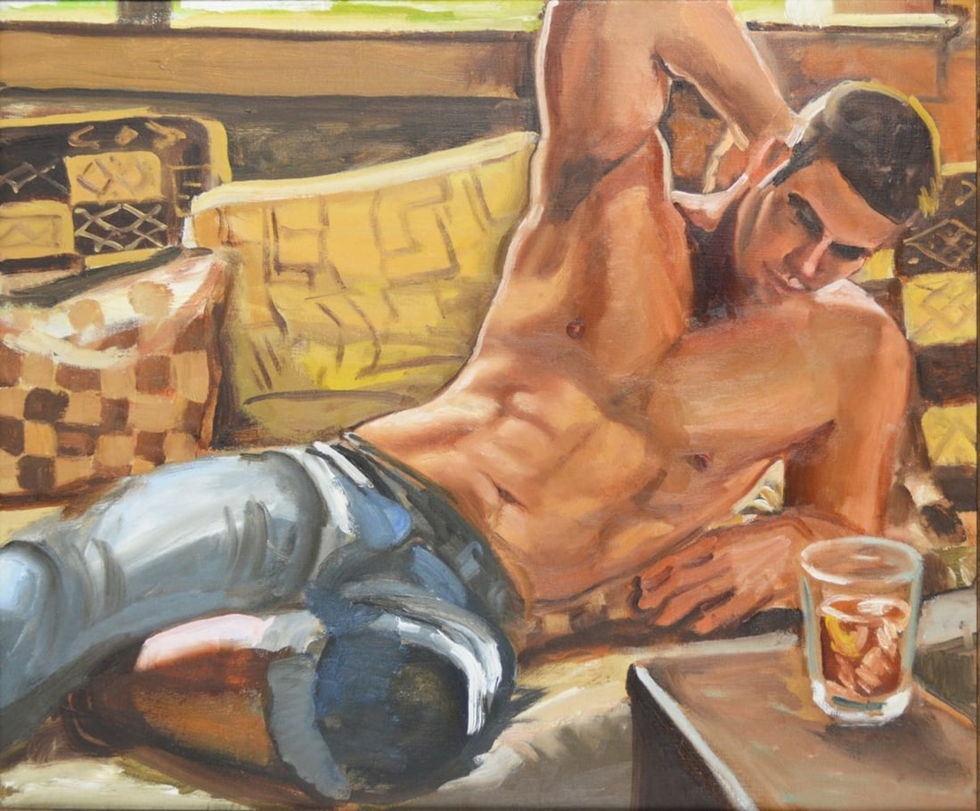 HOMOEROTIC SEMI NUDE PAINTING SIGNED: A painting of a semi nude reclining man. The work is oil on canvas. Signed and titled verso. Measures: 20" x 24" Joe Fanelli established himself as a respected artist in both NY and Truro MA, where he