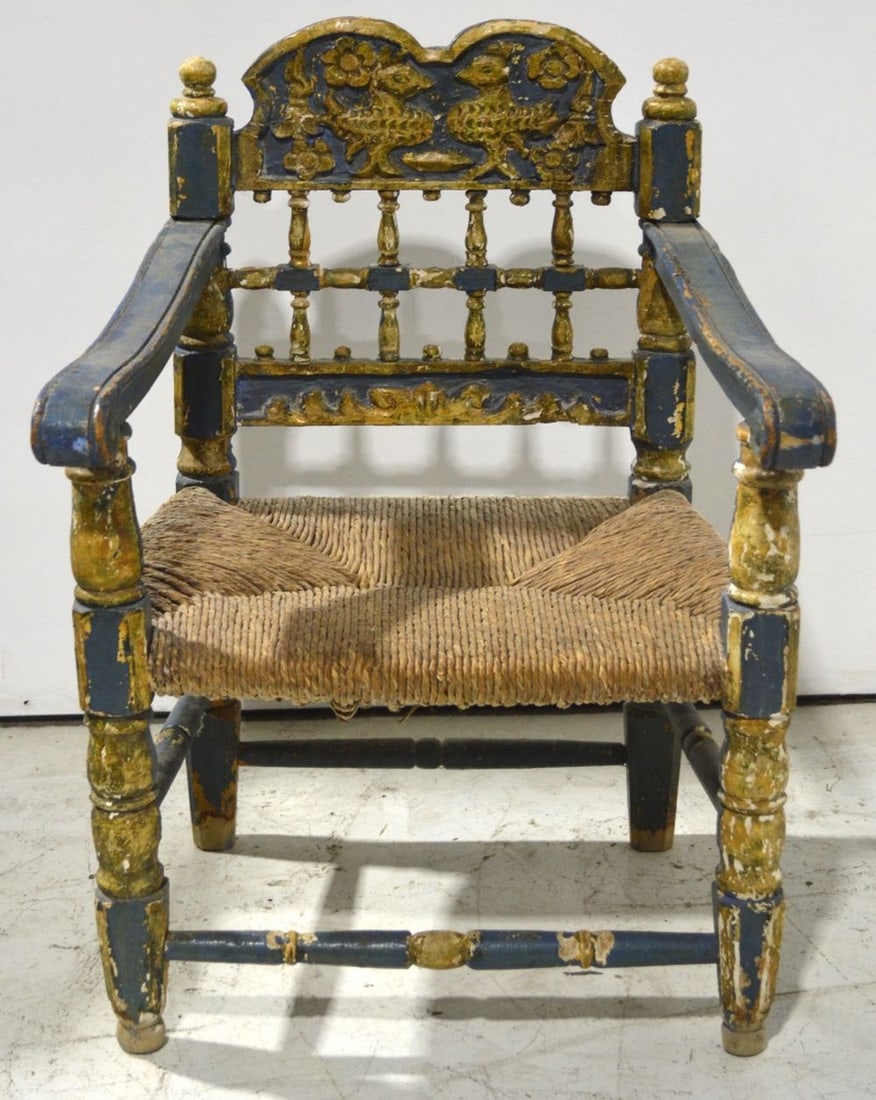 ANTIQUE SPANISH COLONIAL CARVED POLYCHROME CHAIR (1 of 5)