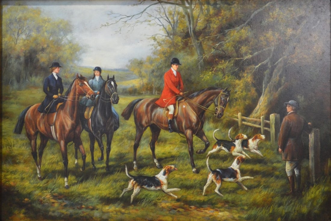 ENGLISH FOX HUNT SCENT W HOUNDS PAINTING SIGNED (1 of 6)
