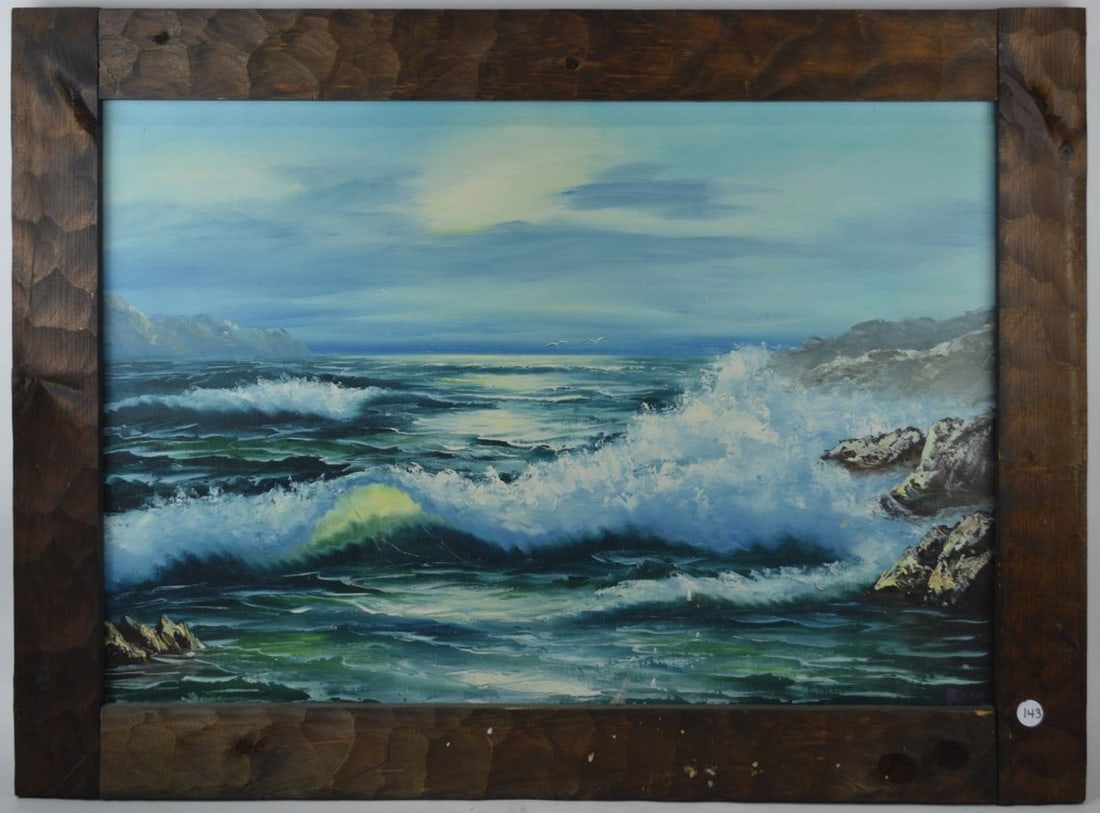 SEASCAPE PAINTING W RUSTIC PRIMITIVE FRAME SIGNED: A seascape painting framed in an appealing rustic / primitive figured frame. The work is oil/canvas and is signed. Measures: 30 1/2" x 42 1/2" Rabbet: 24" x 36"
