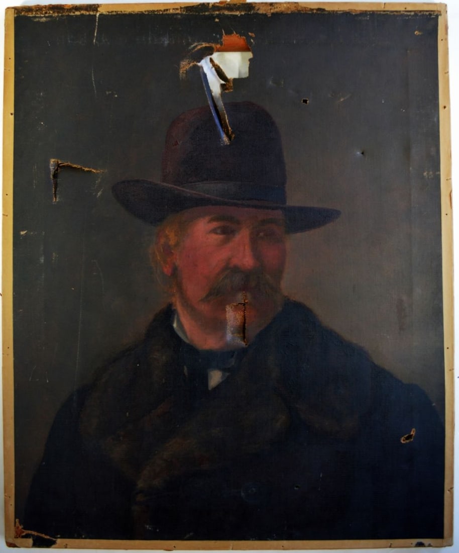 AMERICAN SCHOOL WESTERN PORTRAIT PAINTING: A good, antique, 19th century American School Western portrait painting The work is oil/canvas, and does not appear to be signed. We are uncertain whether the holes to the canvas were due to bullets, 