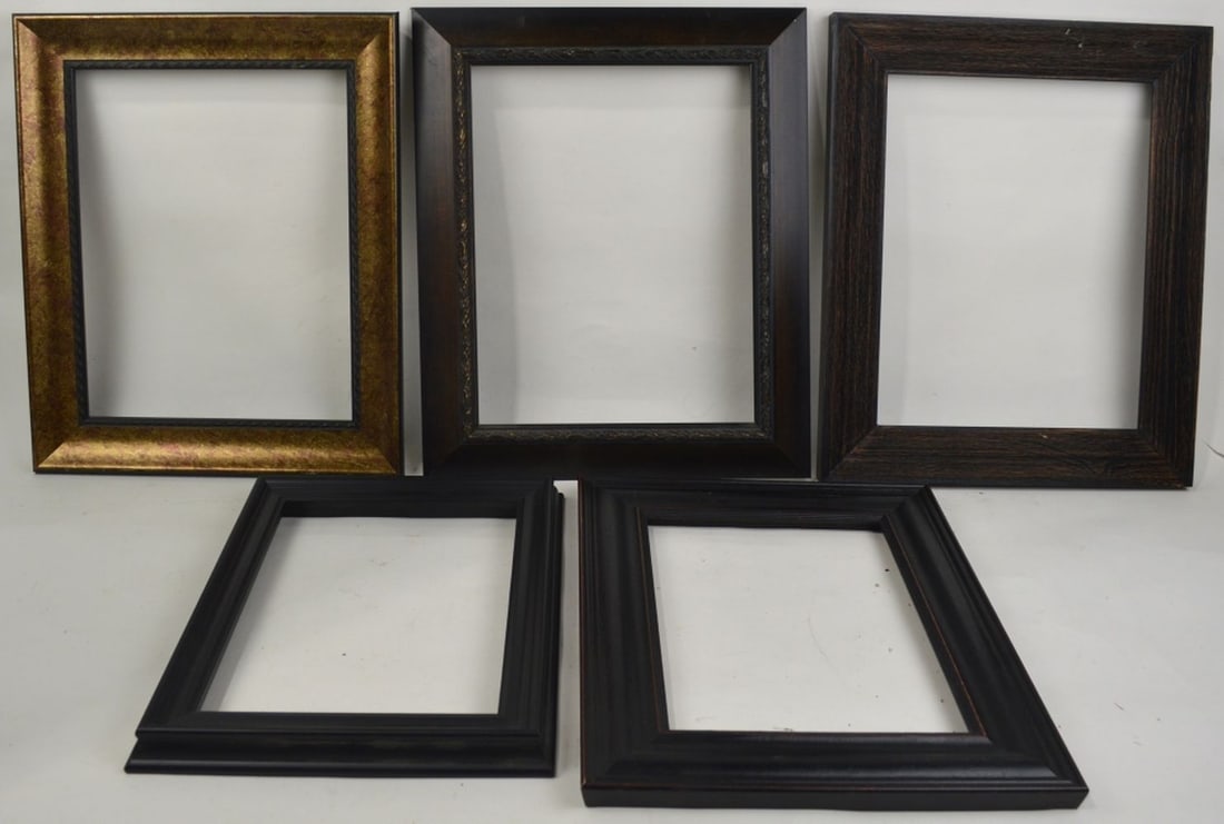 5 CONTEMPORARY PAINTING FRAMES: A group of 5 contemporary picture / painting frames. Ebonized and other finishes. Measures: Largest 18 1/8" x 15 1/8" Rabbet: 11" x 14"