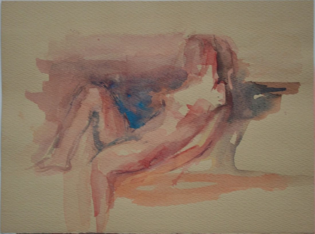 6 FINE ART WORKS 2 NUDE PAINTINGS & 4 ETCHINGS: Mildred Friedland (Am 20th C.) Lot of 6 original works. 2 w/c on heavy paper nude paintings and 4 fine art etchings on heavy laid paper. Unsigned. Measures: Largest 22" x 15"