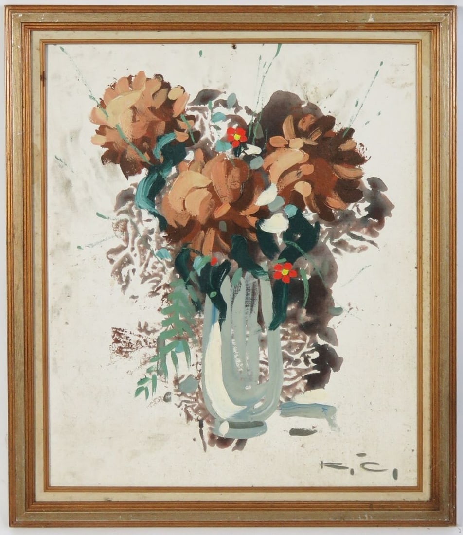 IMPRESSIONIST STILL LIFE PAINTING SIGNED: Still life vase of flowers modern impressionist painting. The work is oil/board, is framed, and is signed, illegibly. Measures; 24 X 20"; frame 28 X 24