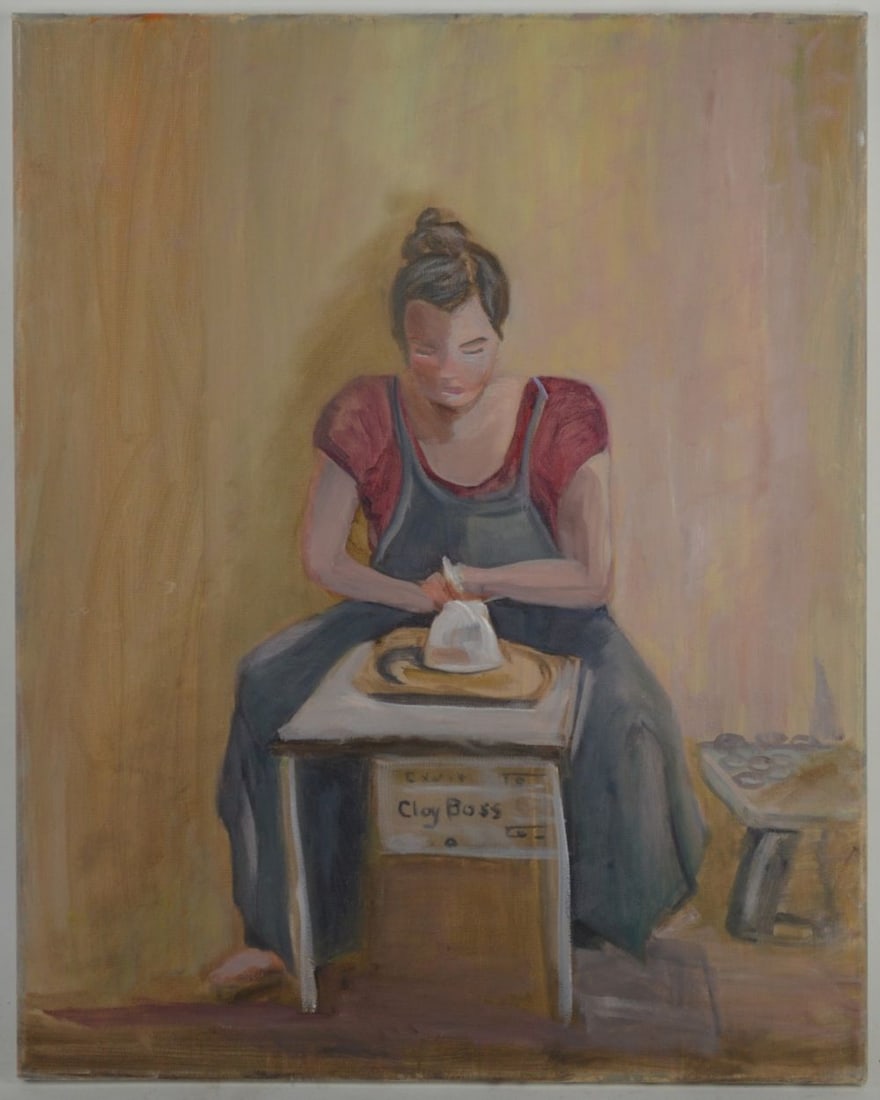 VINTAGE IMPRESSIONIST PAINTING WOMAN AT WORKBENCH (1 of 3)