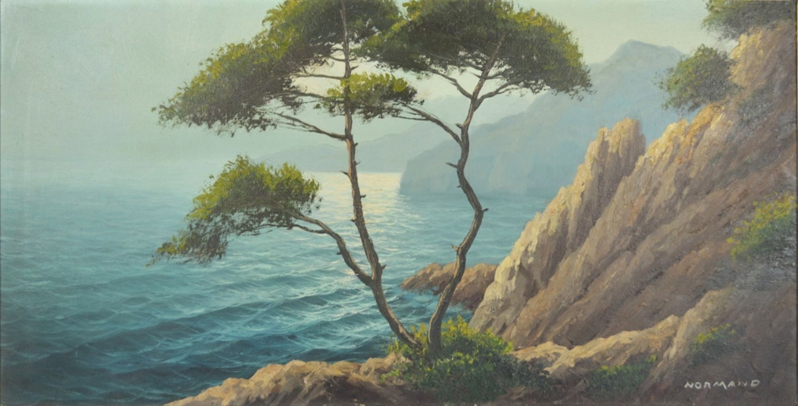 IDYLLIC SEASCAPE PAINTING SIGNED: A good mountainous seascape painting. The work has a misty effect that accurately reflects a coastal view leaving the viewer wondering whether this is a California scene or the Riviera somewhere on th
