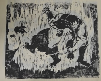 5 MID CENTURY FOLK ART WOODBLOCK PRINTS SIGNED