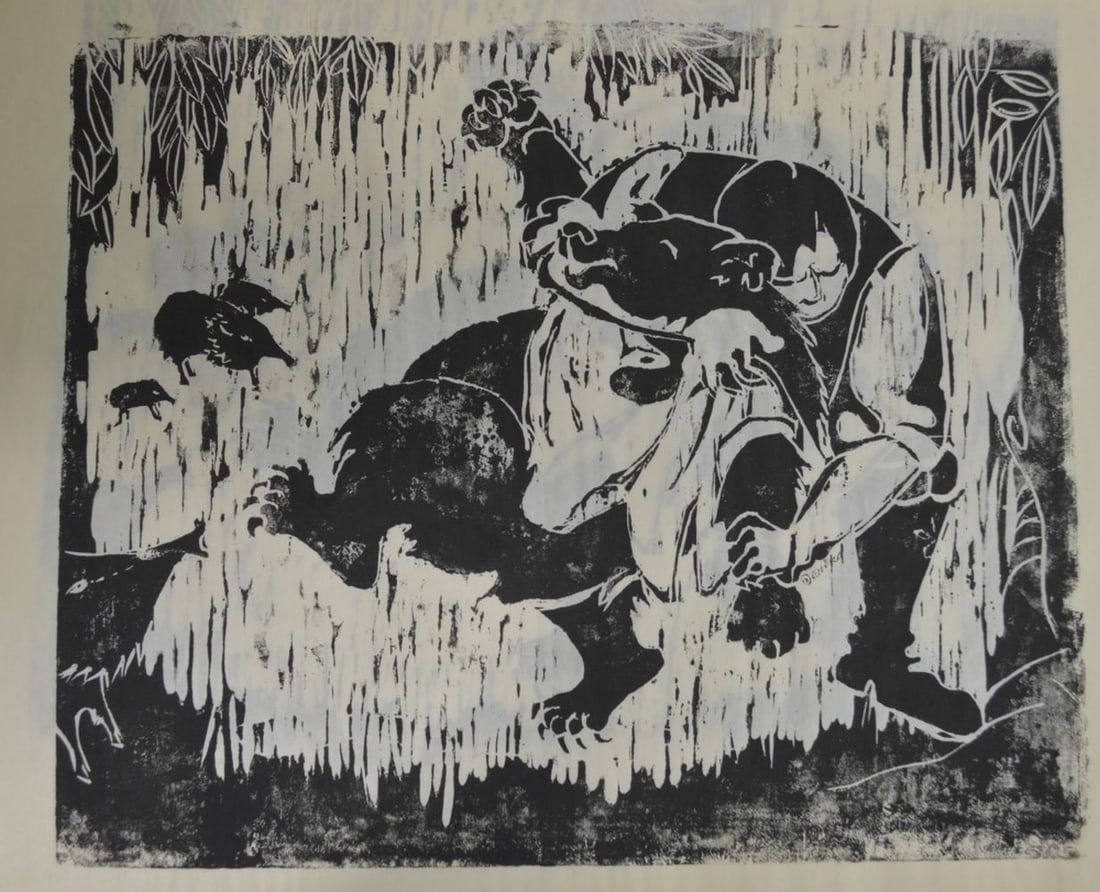 5 MID CENTURY FOLK ART WOODBLOCK PRINTS SIGNED (1 of 7)