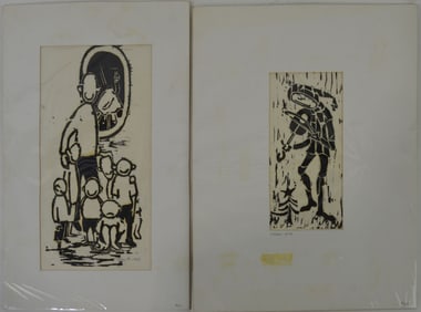 2 MID CENTURY FOLK ART WOODBLOCK PRINTS SIGNED