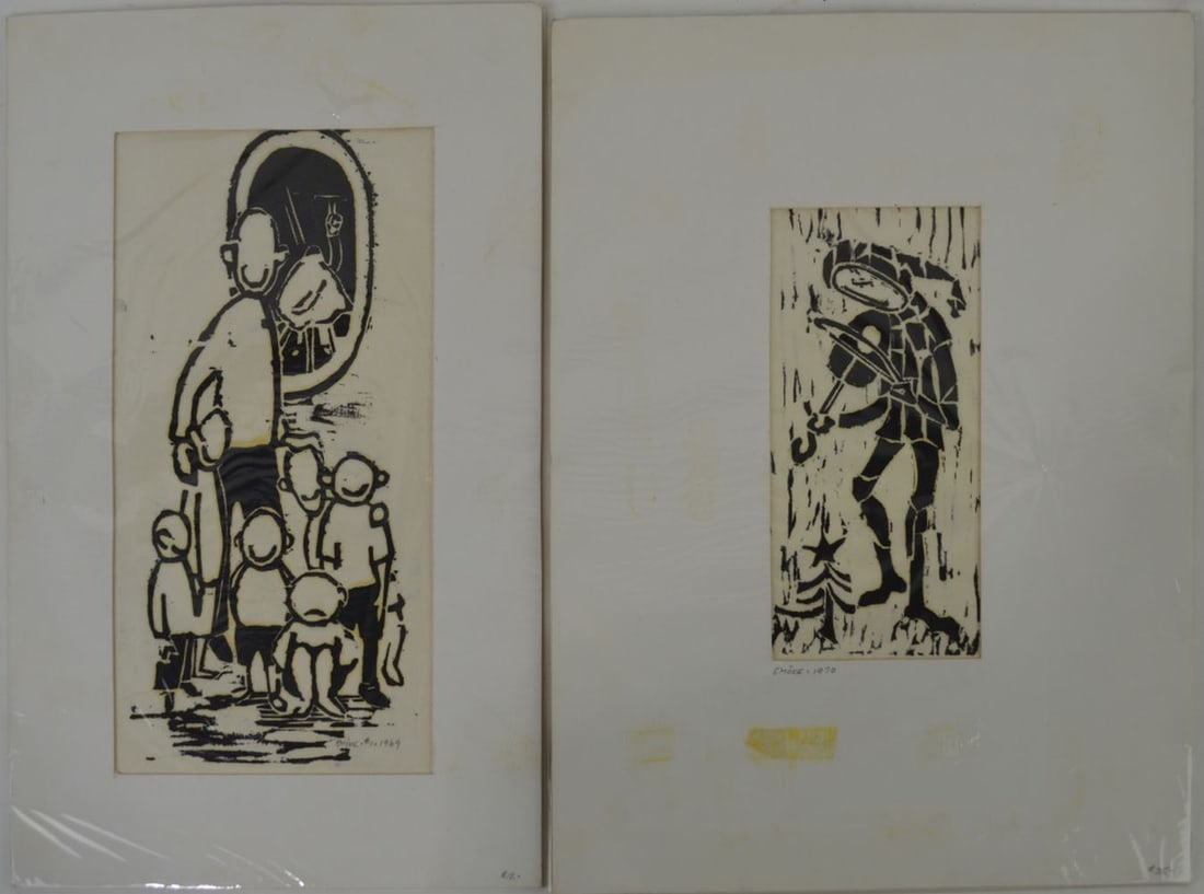 2 MID CENTURY FOLK ART WOODBLOCK PRINTS SIGNED (1 of 4)