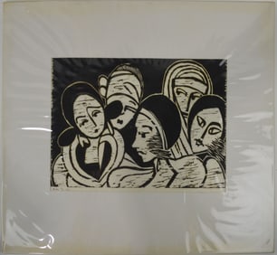2 MID CENTURY FOLK ART WOODBLOCK PRINTS SIGNED