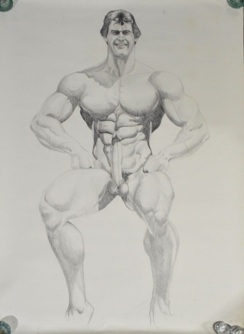 HOMOEROTIC MALE NUDE DRAWING: A homoerotic drawing of a nude muscular man in a full frontal pose. The work is graphite/paper and is not signed, however it is notated - see photos. Titled and dated, "Greg's #12 Iron" 1998. . Measur