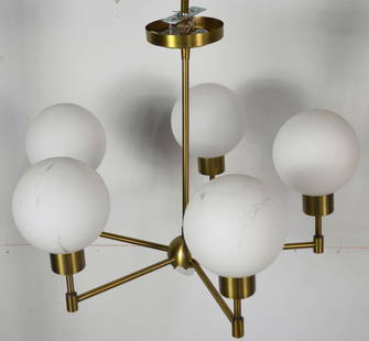 CONTEMPORARY 5 ARM MODERNIST CHANDELIER: Contemporary brass colored and frosted glass globe chandelier. Measures: H. 18", Dia. 24"