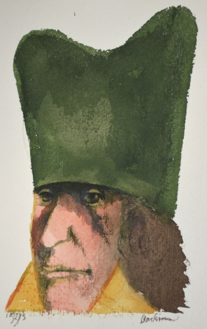 IMPORTANT LEONARD BASKIN ORIGINAL PAINTING SIGNED: Leonard Baskin (1922-2000 NY/MA) An original w/c painting on heavy laid paper. The work is the original from print works included in Jewish Artists of the Early & Late Renaissance. [Northampton, Mass.