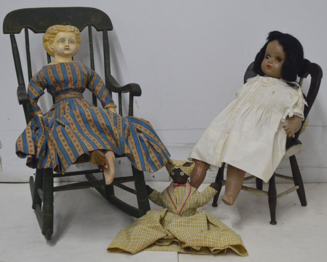 GROUP OF 3 ANTIQUE DOLLS / 2 CHAIRS: Lot 3 dolls including vintage "Mammy" doll, hard plastic black baby doll, signed, and Victorian style painted child's chairs. Measurements; Mammy H. 14", baby 22"; chair H. 18", W. 11", D. 9"