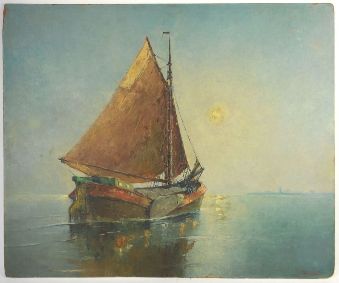 FRANZ AMBRASATH SAILING SHIP PAINTING SIGNED (1 of 6)