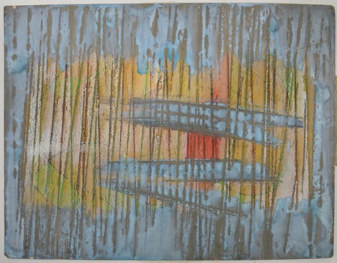 MODERN ABSTRACT PAINTING: A modern abstract mixed media on heavy paper / board. The work is signed with an estate stamp, verso. Measures: 18" x 24"