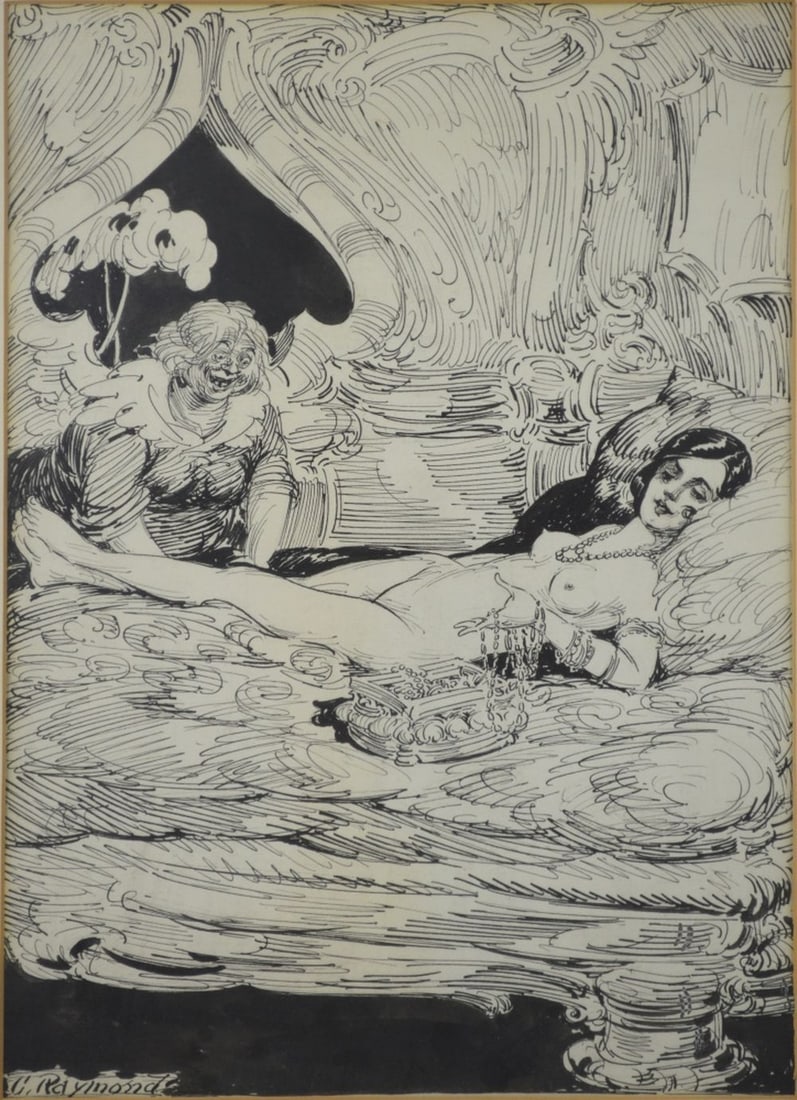 FINE DRAWING OF A RECLINING NUDE SIGNED: A very well done drawing of a reclining nude and an older woman in a boudoir scene. The work is ink/paper and is signed. Framed under glass. Measures: 20" x 16" Sight: 14 1/2" x 10 1/2"