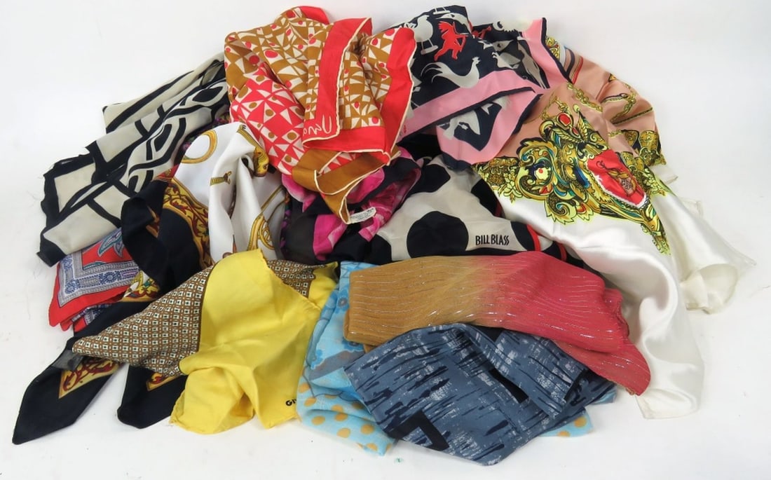 LARGE LOT OF DESIGNER AND FASHION SCARVES: Large lot (15) of vintage and fashion scarves including pure silk and rolled by Scarves by Vera, Morgan Taylor, Adrienne Vittadini, Carol Little, Bill Blass, Givenchy, Echo, etc. Various sizes and sha