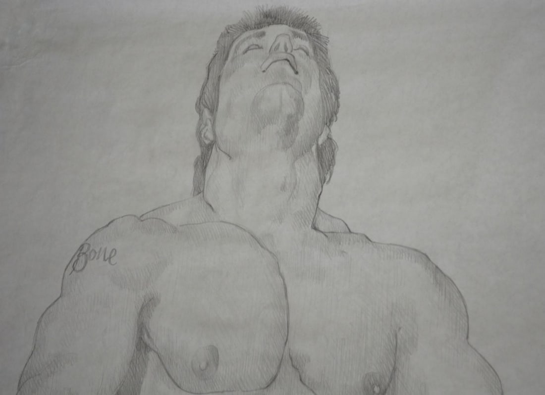 HOMOEROTIC DRAWING OF AN ENGAGED COUPLE: A homoerotic drawing of 2 men in an erotic pose. The work is graphite/paper and is not signed, however it is notated - see photos- and dated. "Practical Latin". Measures: 48" x 55"