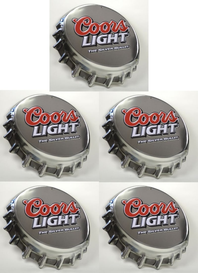 5 VINTAGE COORS LIGHT BOTTLE CAP BAR SIGNS: Group of 5 Coors Light bottle cap signs. Signs are constructed of impressed metal. NOS. Measures: 16 1/2" x 17 1/2"