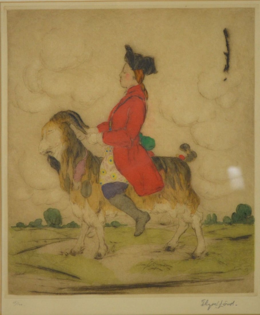 ELYSE ASHE LORD SIGNED AQUATINT ETCHING: Elyse Lord (UK, 1900-1971). A rare, original, etching with aquatint. The work is titled, Tailor on the Goat". It is signed, in pencil, and framed in a very good chinoiserie lacquer frame, under glass.