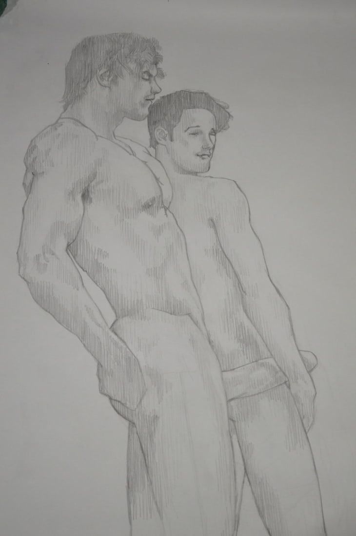HOMOEROTIC DRAWING OF A TRIO: A homoerotic drawing of a trio enjoying themselves. The work is graphite/paper and is not signed. It is notated - see photos. Titled and dated. Measures: 72" x 48"