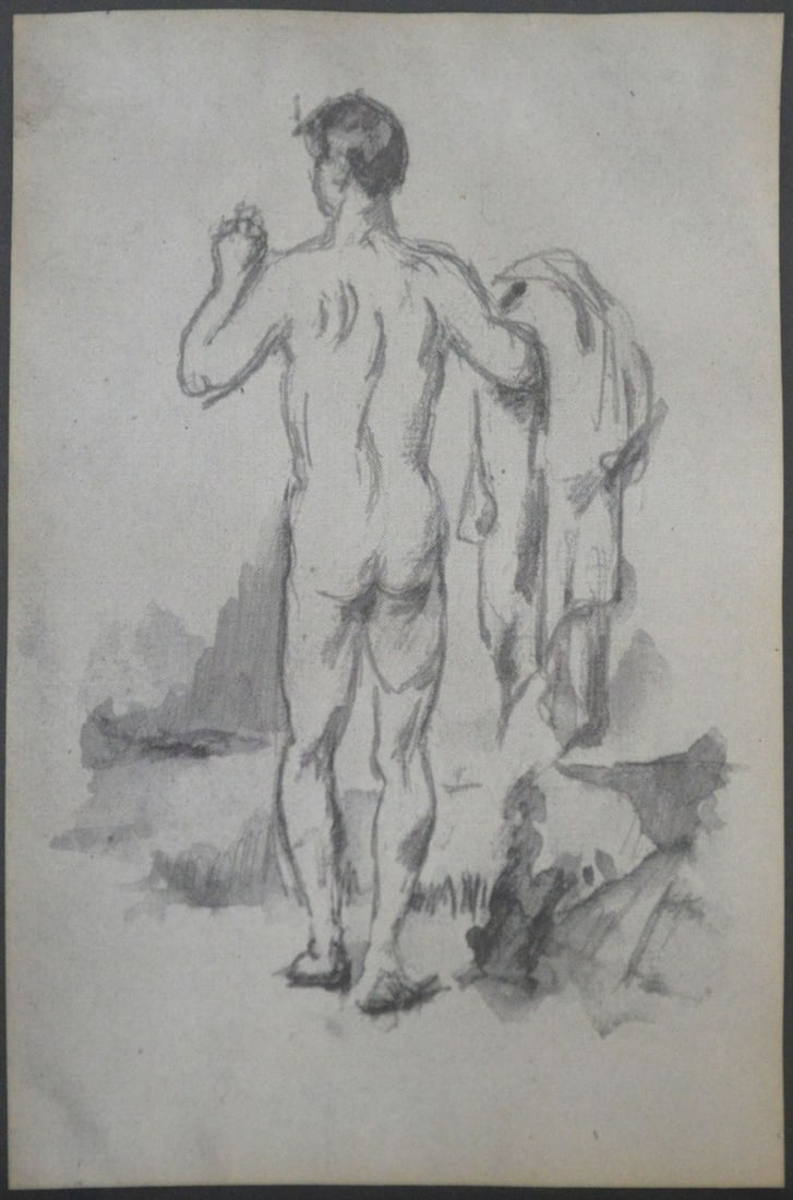 NUDE MALE PENCIL DRAWING: A nude man drawing. Work appears to be graphite on paper, but may be another material- when examined under a loupe the medium exhibits a visible matrix - not examined out of frame. Unsigned. Measures: