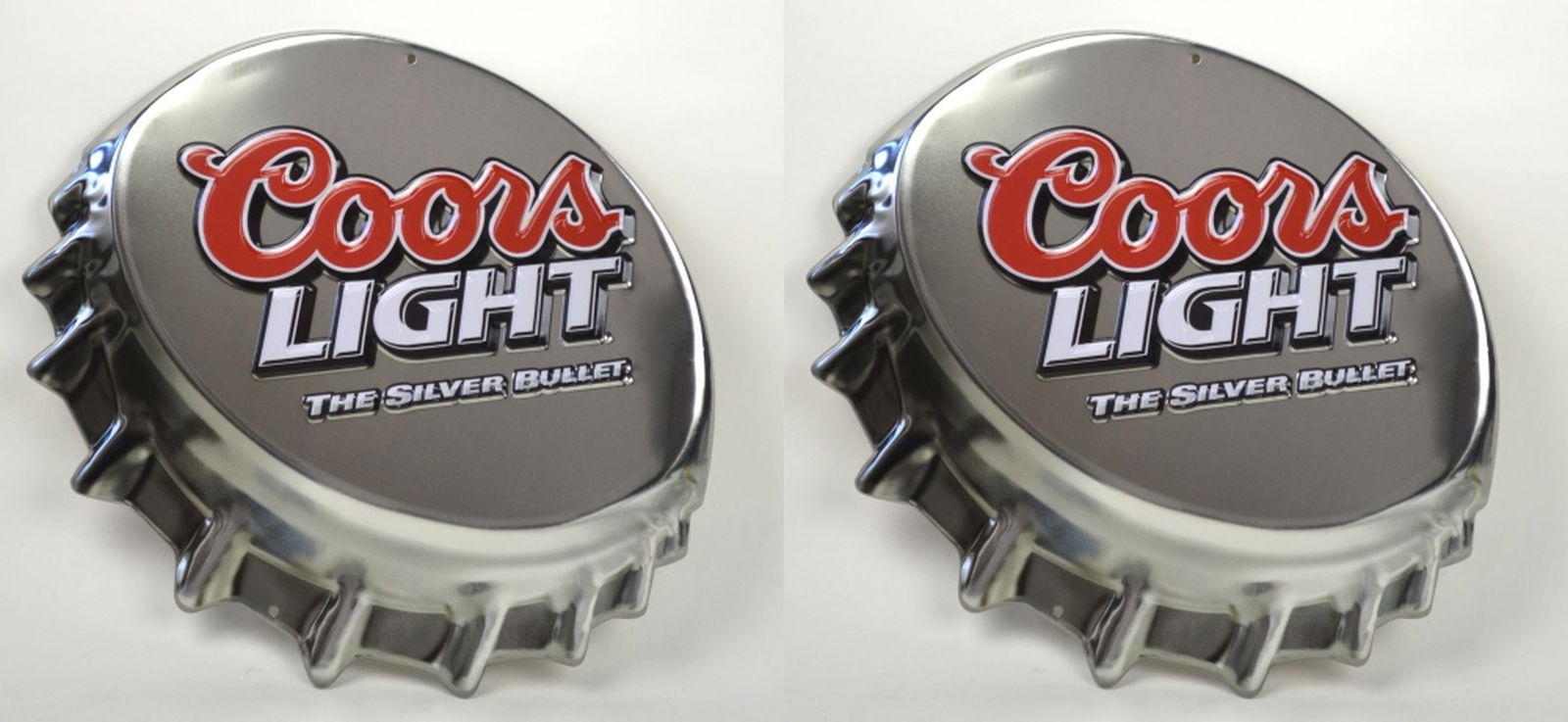 2 VINTAGE COORS LIGHT BOTTLE CAP BAR SIGNS: Group of 2 Coors Light bottle cap signs. Signs are constructed of impressed metal. NOS. Measures: H 16 1/2" x W 17 1/2"
