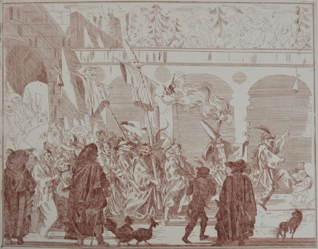 2 ORIGINAL CLASSICAL THEMED SIGNED ETCHINGS: Joe A. Pecsenke (1942-1989 / Sweden). An original etching from Pecsenke's Commedia Dell' Arte. Signed and #'d, in pencil, from the edition of 150. On Arches watermarked, paper. Measures: H 26" x W 19