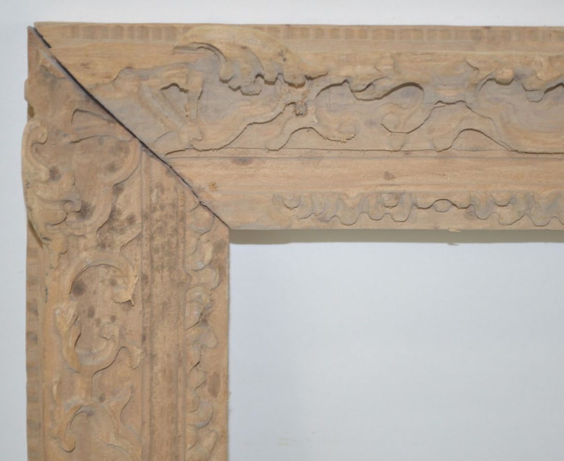 FINE HAND CARVED LOUIS XIV PAINTING FRAME: A finely hand carved French Louis XIV style painting frame. Frame consists of wood and has neither bole nor guilding applied. A stunning raw wood work of framing art. . Measures: 19 5/8" x 20 5/8" Rab
