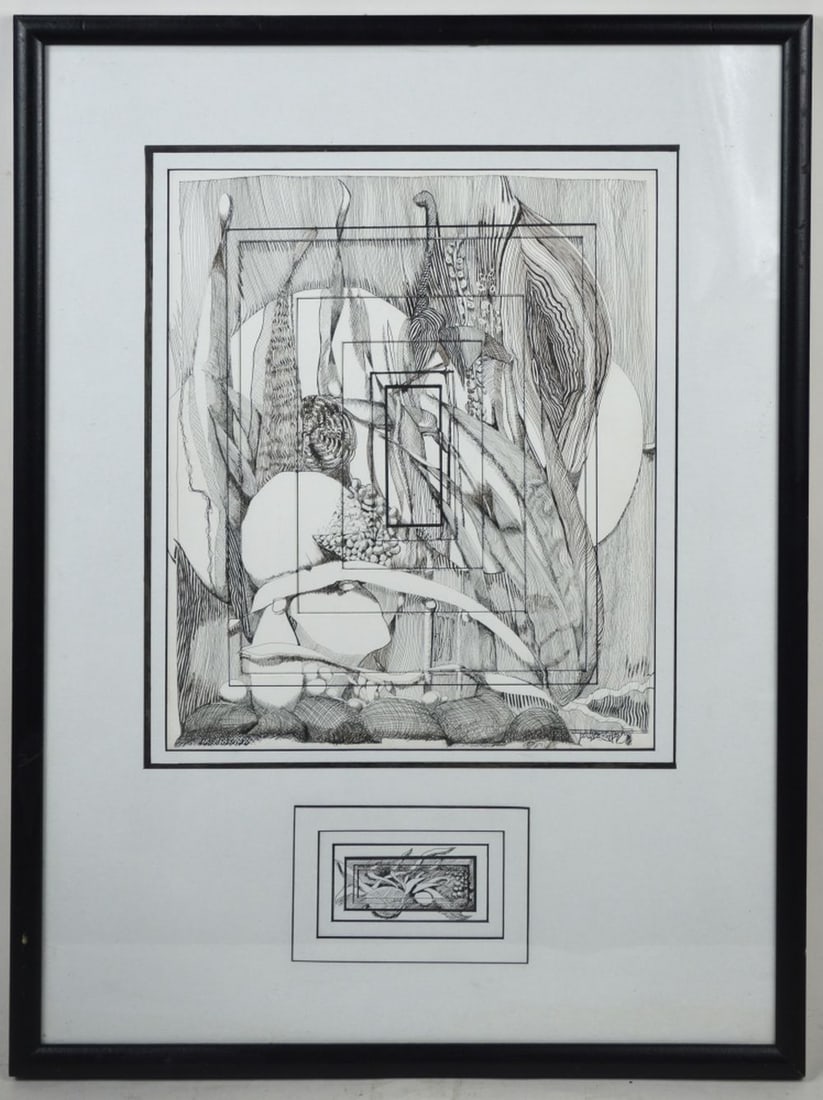ORIGINAL MODERN FLORAL DRAWING SIGNED FRAMED (1 of 6)