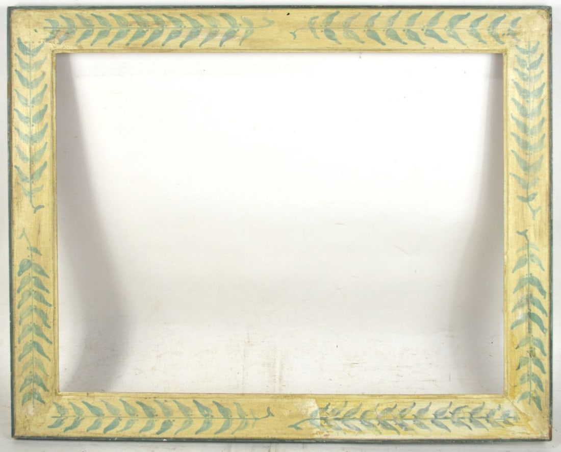 HEYDENRYK AMERICAN MODERNIST PRIMITIVE FORM FRAME: An American modernist "amphora" typeframe with primitive painted detail in the flat panel cassetta portion. By Heydenryk. Measures: 22 3/4" x 27 7/8" Rabbet: 18 5/8" x 23 3/4"