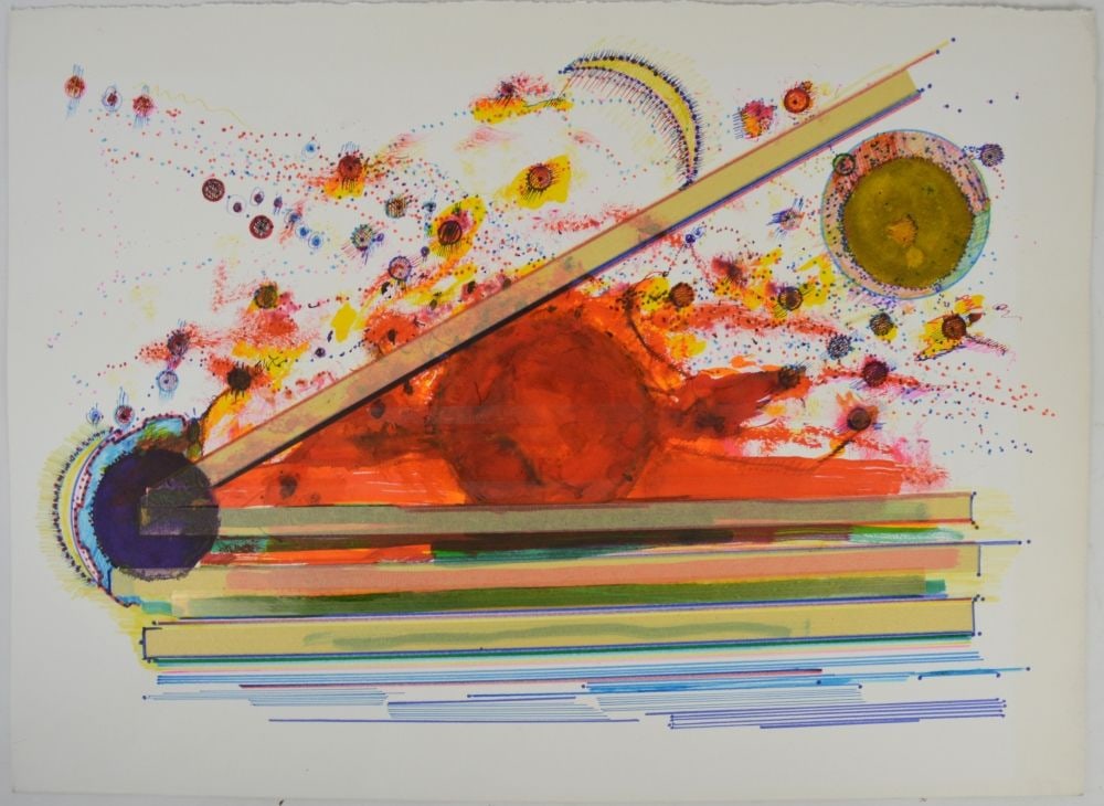 MODERN GEOMETRIC ABSTRACT PAINTING: A geometric impressionist drawing/painting. The work is mixed media on heavy laid paper. Measures: 22" x 30"