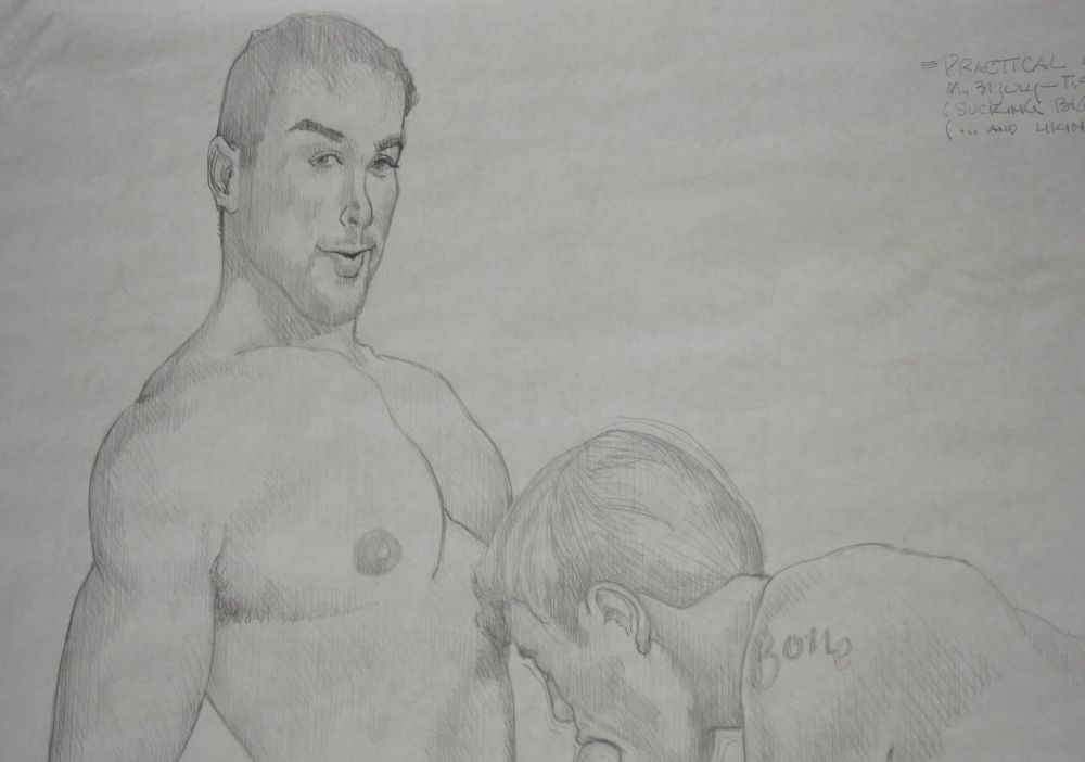 2 MALE NUDES IN A HOMOEROTIC DRAWING: Homoerotic drawing of 2 men congregating. Graphite on paper. Racy notation in pencil. Measures: 48" x 67"