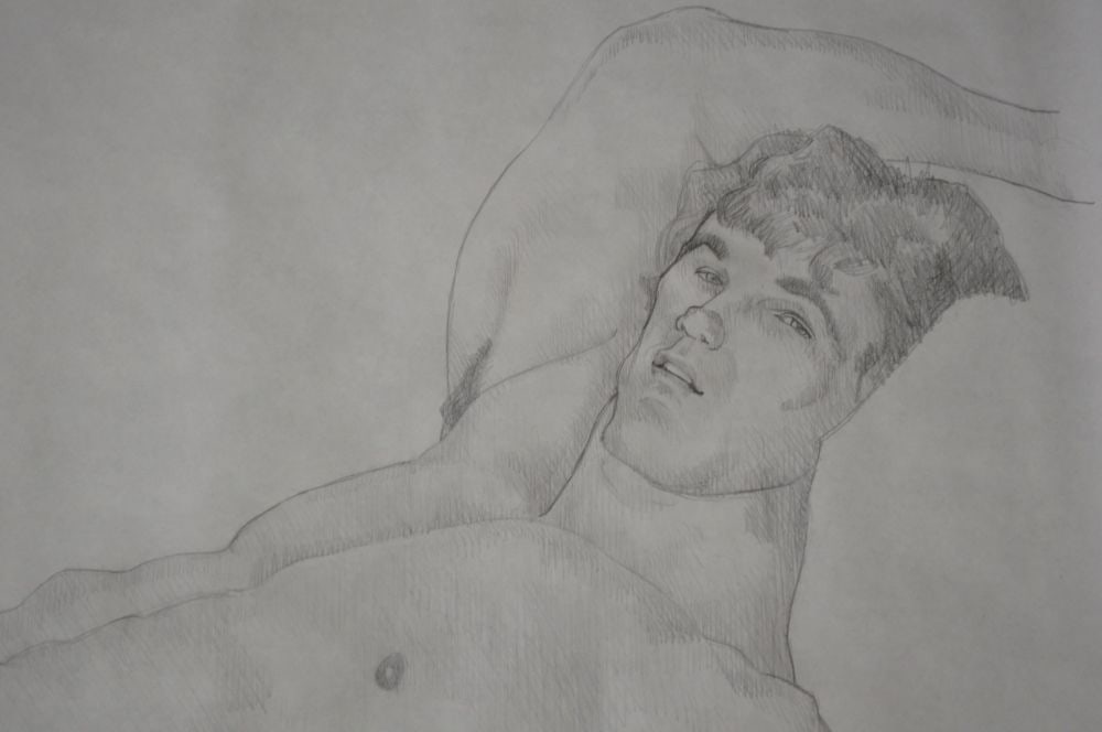 2 MALE NUDES IN A HOMOEROTIC DRAWING: Homoerotic drawing of 2 men congregating. Graphite on paper. Racy notation in pencil. Measures: 48" x 60"