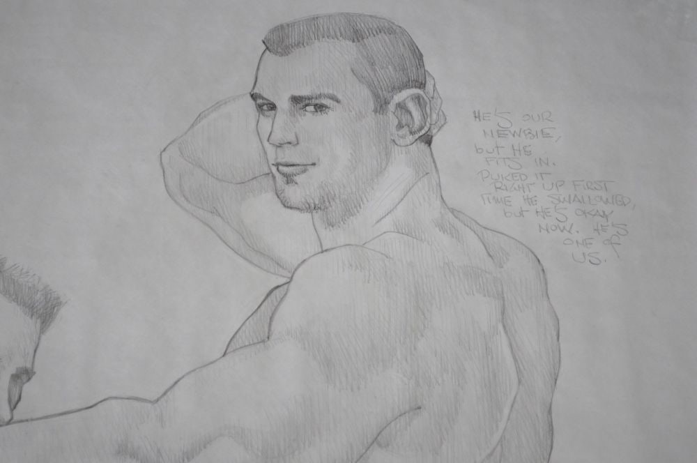 HOMOEROTIC DRAWING OF 3 NUDES: A homoerotic drawing of a trio enjoying themselves. The work is graphite/paper and is not signed. It is notated - see photos. Titled and dated. Measures: 48" x 53"