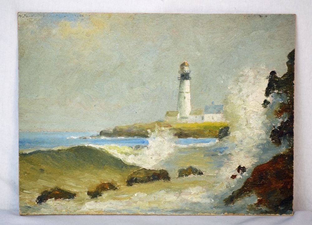 AMERICAN SCHOOL PAINTING: American school, impressionist seascape painting of a lighthouse. Done in the manner of Edward Hopper. It is oil/academy board. It is unsigned. Measures. 11'' X 8 1/4'' Provenance: Property of a priva