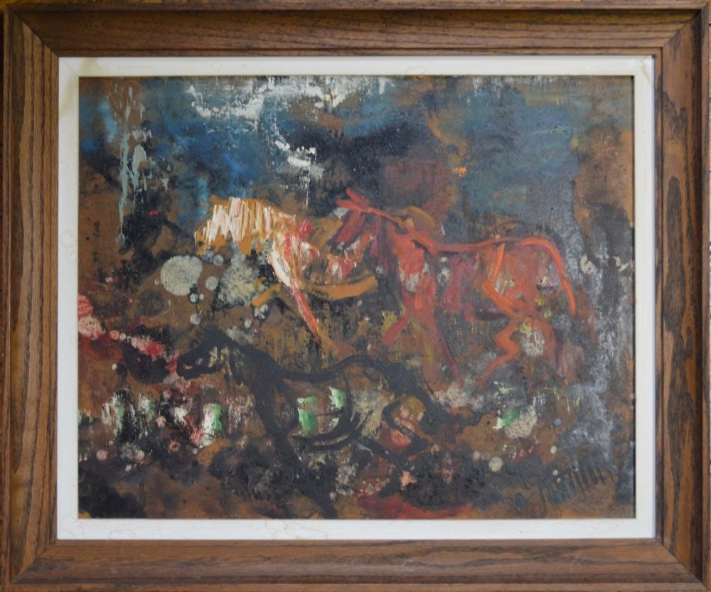 ABSTRACT EXPRESSIONIST PAINTING SIGNED: A 20th c. abstract expressionist equine painting in the manner of Marino Marini. The work is oil/board and is framed in a good, mid century, wormy chestnut frame. Measures: 20 1/4" x 24 1/4" Board: 16