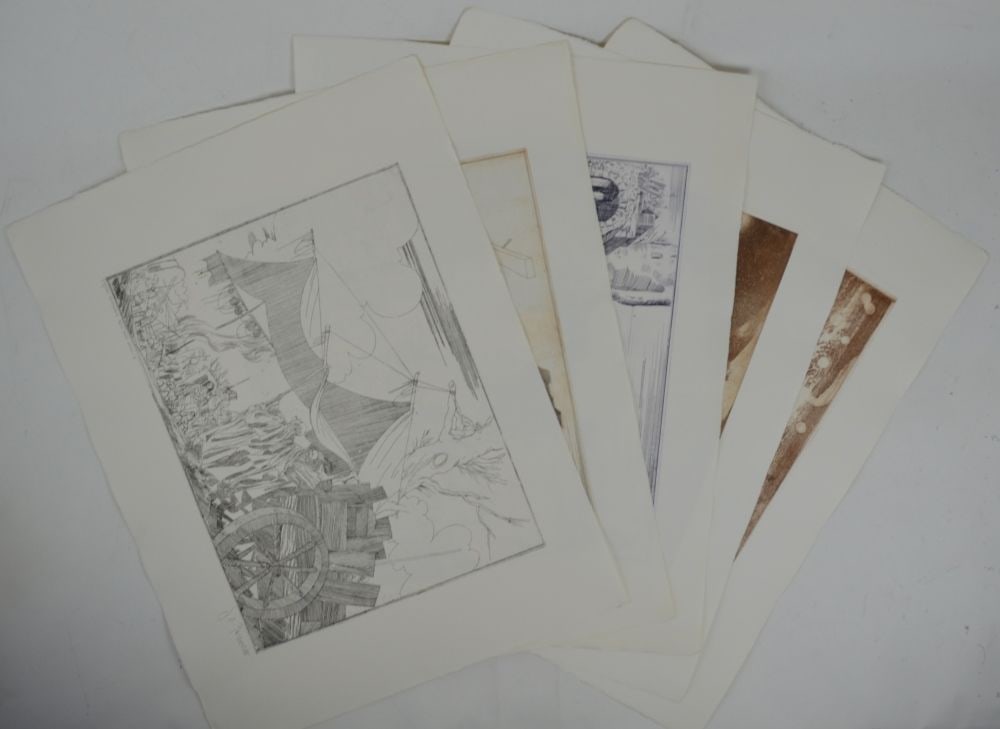 GROUP 5 ORIGINAL SIGNED ETCHINGS: Joe A. Pecsenke (1942-1989 / Sweden). A grouping of 5 original etchings from Pecsenke's Commedia Dell' Arte. Signed and #'d, in pencil. Measures: H 26" x W 19 1/2"
