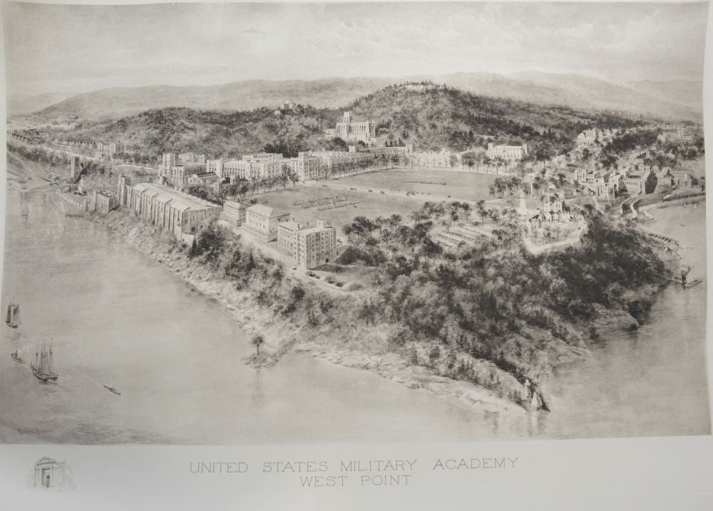 RICHARD RUMMELL WEST POINT ACADEMY ENGRAVING: Richard Rummell (New York, 1848-1924). Original West Point Academy engraving on paper. Overall good condition. Light toning on sides of paper. Measures: 26" x 40"