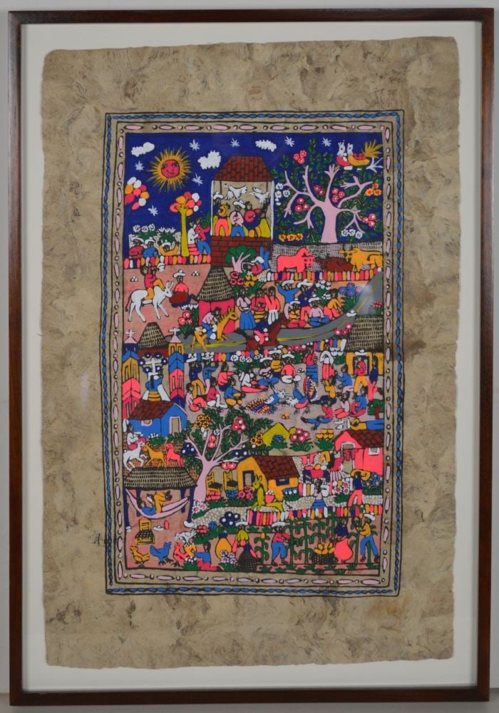 FINE CENTRAL AMERICAN AMATE PAINTING W FINE FRAME (1 of 5)