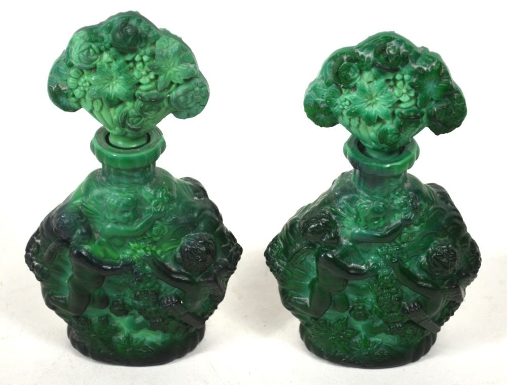 PR MALACHITE ART DECO PERFUME BOTTLES (2): A pair (2) of art deco (Czech attribution) malachite perfume bottles with stoppers. Measures: 6 1/2" x 4" x 2"