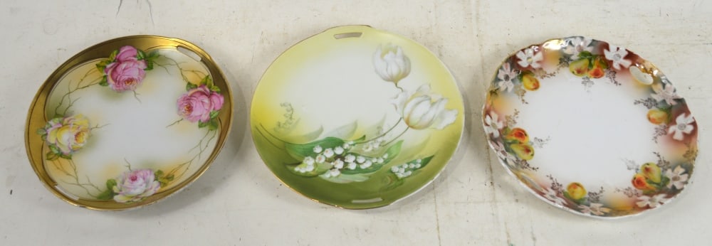 RS GERMANY PLATES: 3 antique decorated plates. 2 marked RS Germany, the third, Germany. Measures: 9 3/4" x 9 3/4" x 1"